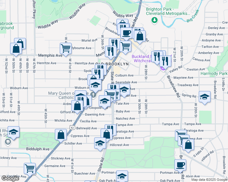 map of restaurants, bars, coffee shops, grocery stores, and more near in Cleveland