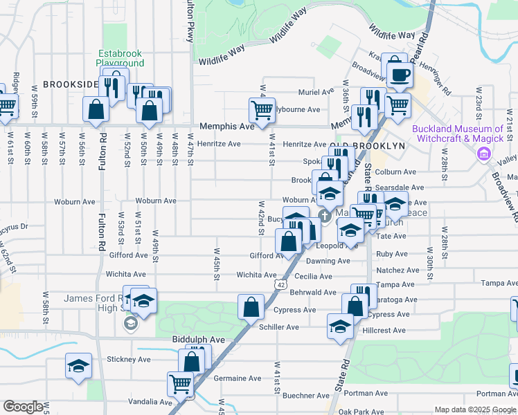 map of restaurants, bars, coffee shops, grocery stores, and more near 4206 Bucyrus Avenue in Cleveland