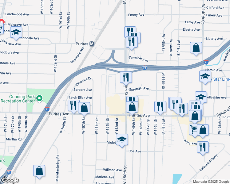 map of restaurants, bars, coffee shops, grocery stores, and more near 4343 West 152nd Street in Cleveland