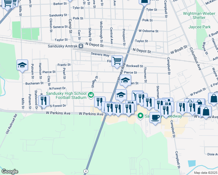 map of restaurants, bars, coffee shops, grocery stores, and more near 2025 Hayes Avenue in Sandusky