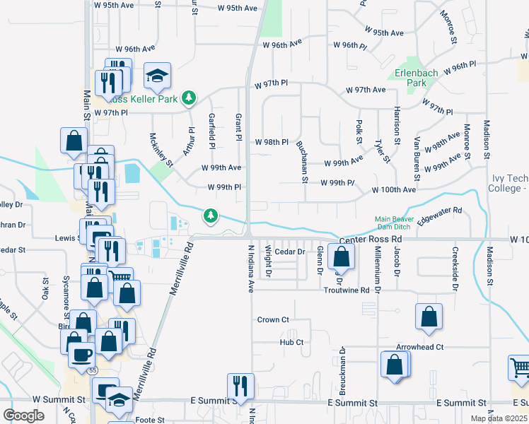 map of restaurants, bars, coffee shops, grocery stores, and more near 10009 Merrillville Road in Crown Point