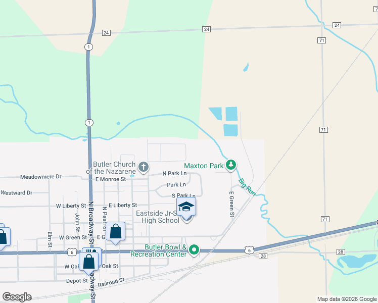 map of restaurants, bars, coffee shops, grocery stores, and more near 309 Springer Drive in Butler