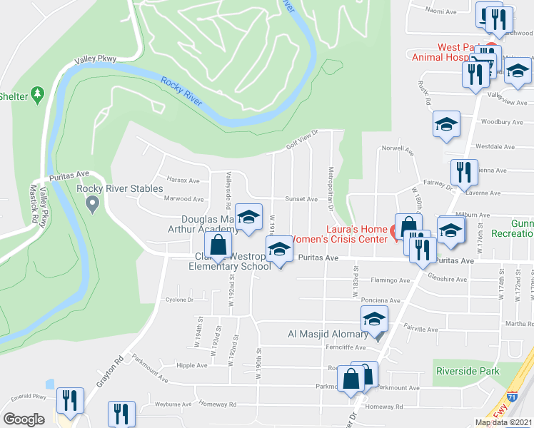 map of restaurants, bars, coffee shops, grocery stores, and more near 4368 W 191st St in Cleveland
