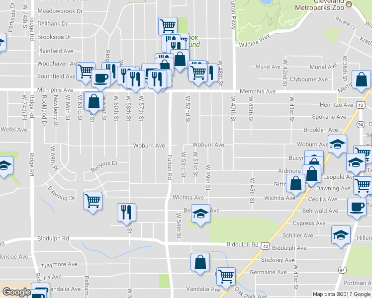 map of restaurants, bars, coffee shops, grocery stores, and more near 4419 West 53rd Street in Cleveland