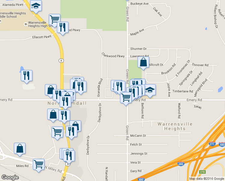 map of restaurants, bars, coffee shops, grocery stores, and more near 22935 Newport Lane in Warrensville Heights