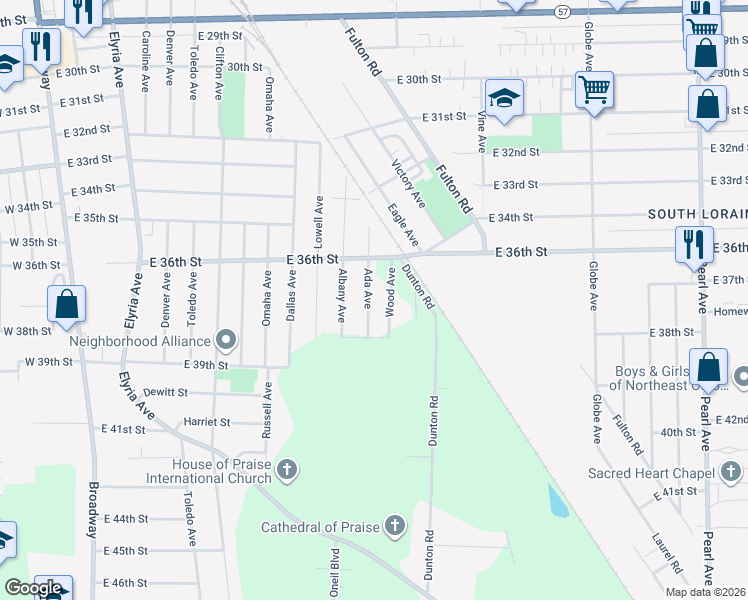 map of restaurants, bars, coffee shops, grocery stores, and more near 3727 Ada Avenue in Lorain