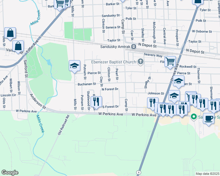 map of restaurants, bars, coffee shops, grocery stores, and more near 1523 North Forest Drive in Sandusky