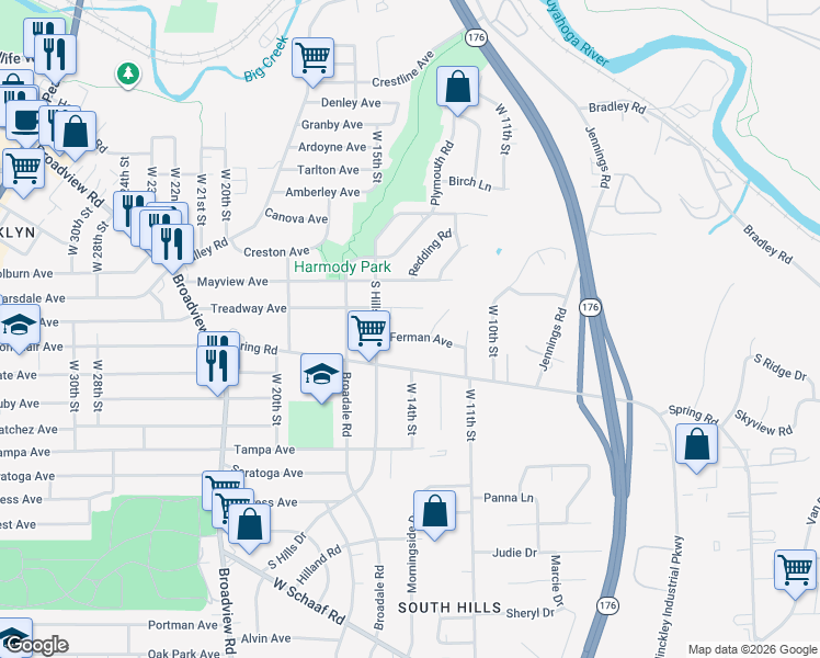 map of restaurants, bars, coffee shops, grocery stores, and more near 1502 Ferman Avenue in Cleveland
