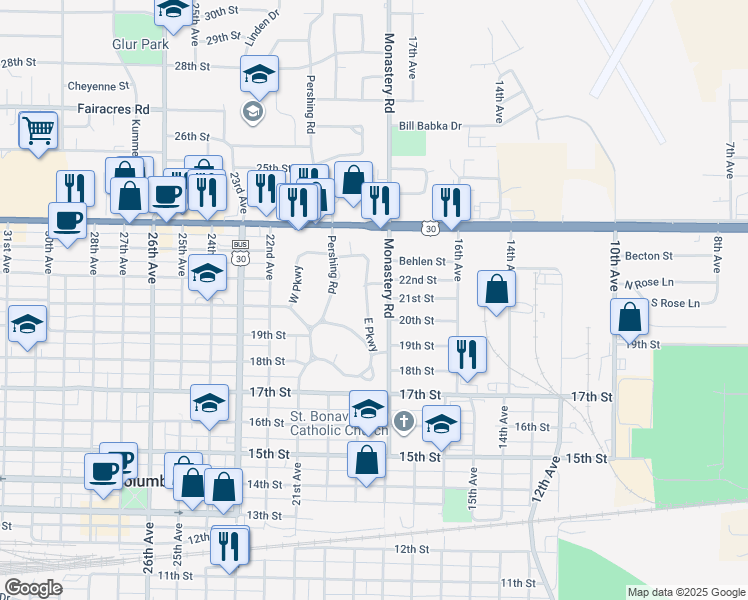 map of restaurants, bars, coffee shops, grocery stores, and more near 115 East Parkway in Columbus