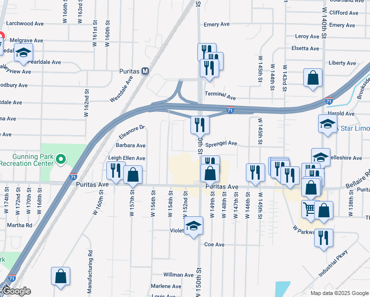 map of restaurants, bars, coffee shops, grocery stores, and more near 4343 West 152nd Street in Cleveland
