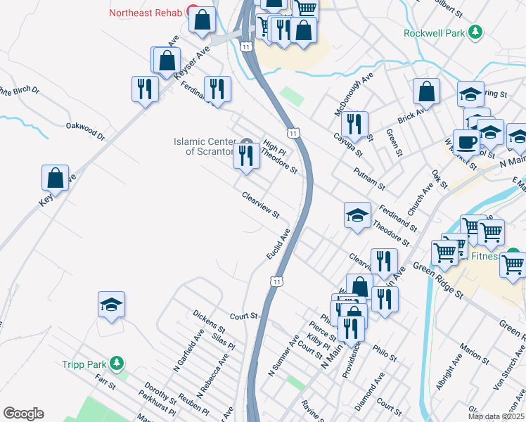 map of restaurants, bars, coffee shops, grocery stores, and more near 1737 Clearview Street in Scranton