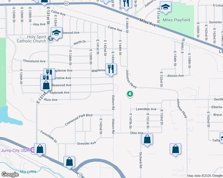map of restaurants, bars, coffee shops, grocery stores, and more near 14213 Saybrook Avenue in Cleveland