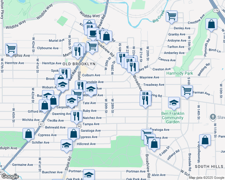 map of restaurants, bars, coffee shops, grocery stores, and more near 2813 Roanoke Avenue in Cleveland
