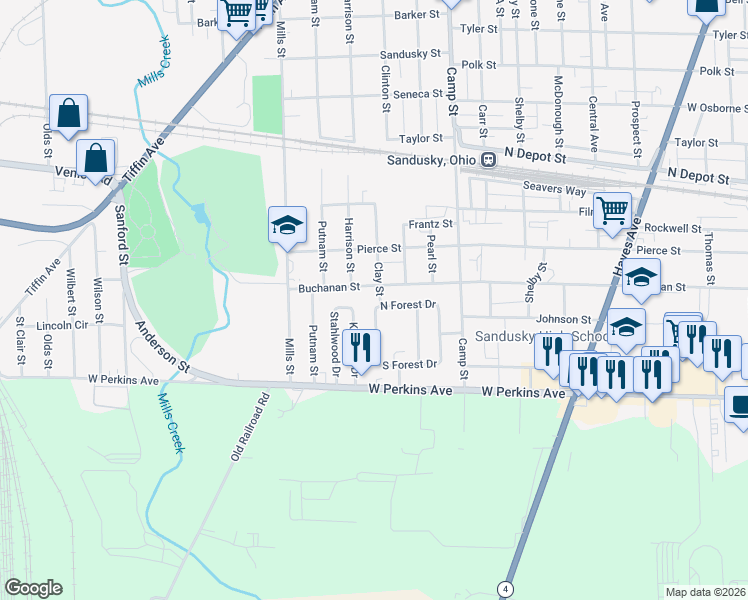 map of restaurants, bars, coffee shops, grocery stores, and more near 1705 North Forest Drive in Sandusky