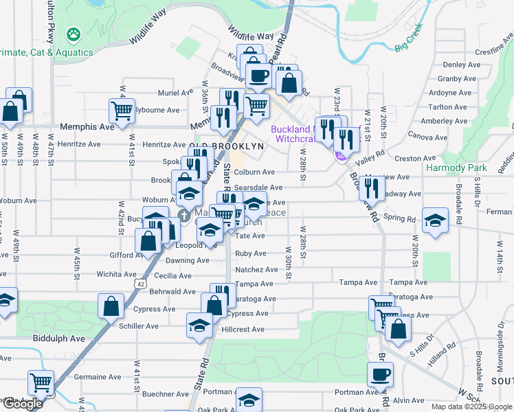 map of restaurants, bars, coffee shops, grocery stores, and more near 3211 Roanoke Avenue in Cleveland