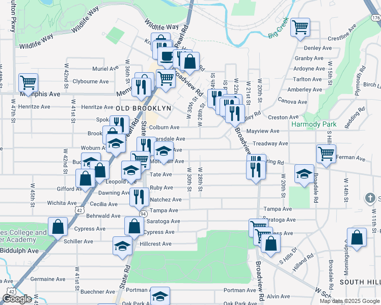 map of restaurants, bars, coffee shops, grocery stores, and more near 3006 Montclair Avenue in Cleveland