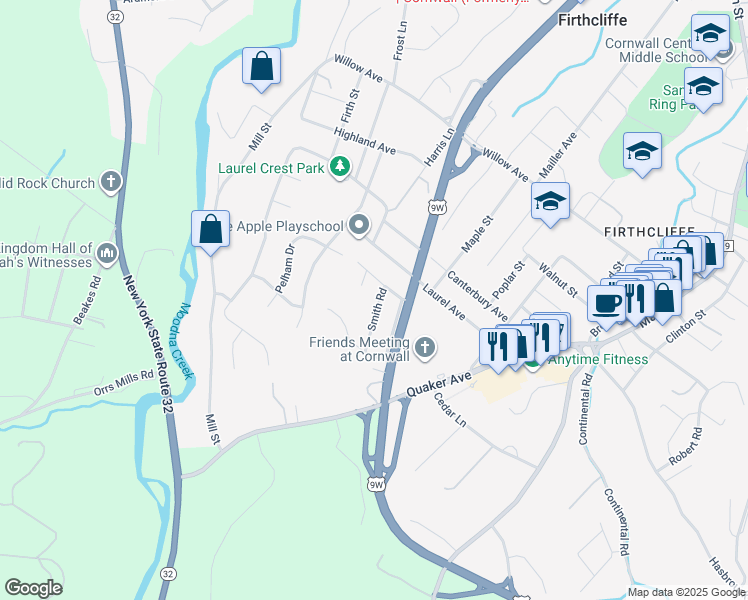 map of restaurants, bars, coffee shops, grocery stores, and more near 9 Eisenhower Drive in Cornwall