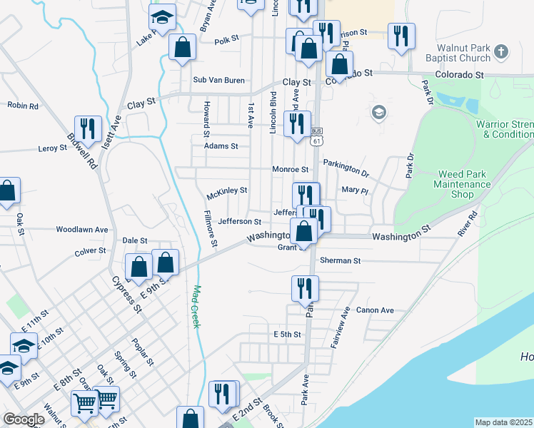 map of restaurants, bars, coffee shops, grocery stores, and more near 1000 Lincoln Boulevard in Muscatine
