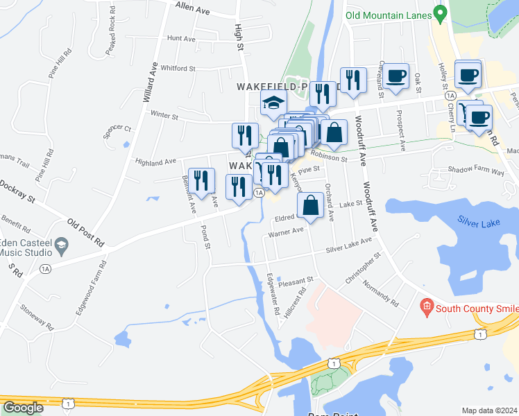map of restaurants, bars, coffee shops, grocery stores, and more near 446 Main Street in South Kingstown