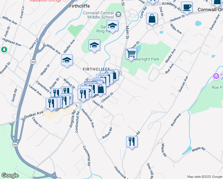 map of restaurants, bars, coffee shops, grocery stores, and more near 49 Clinton Street in Cornwall