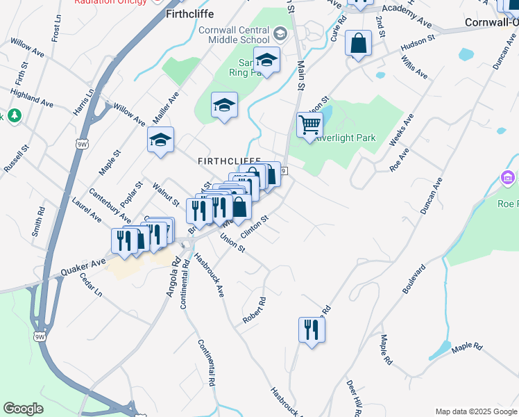 map of restaurants, bars, coffee shops, grocery stores, and more near 49 Clinton Street in Cornwall
