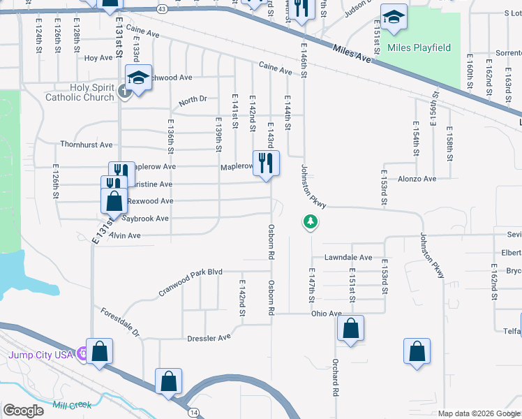 map of restaurants, bars, coffee shops, grocery stores, and more near 14213 Saybrook Avenue in Cleveland