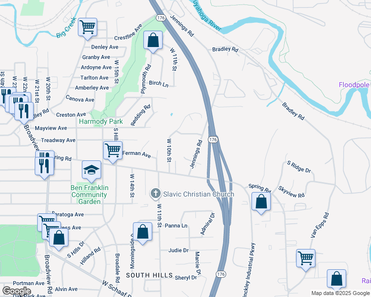 map of restaurants, bars, coffee shops, grocery stores, and more near 4330 Jennings Road in Cleveland