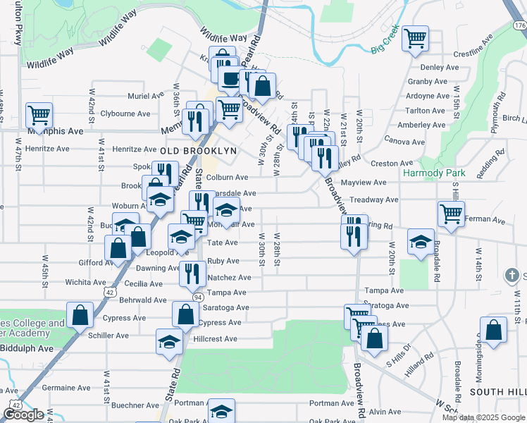 map of restaurants, bars, coffee shops, grocery stores, and more near 3006 Montclair Avenue in Cleveland