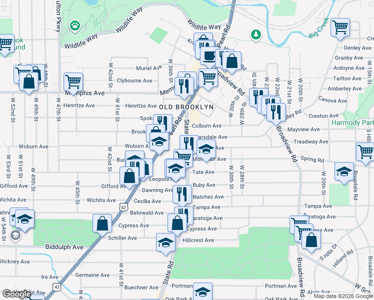 map of restaurants, bars, coffee shops, grocery stores, and more near in Cleveland