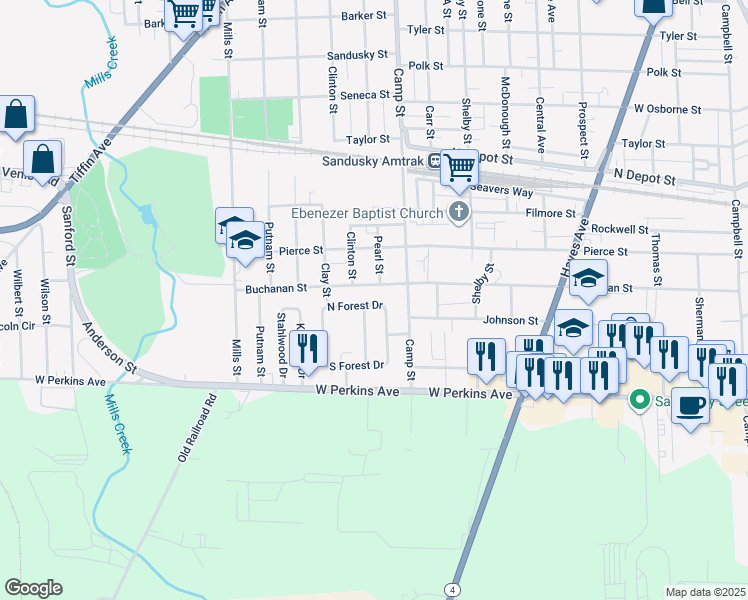 map of restaurants, bars, coffee shops, grocery stores, and more near 1523 North Forest Drive in Sandusky