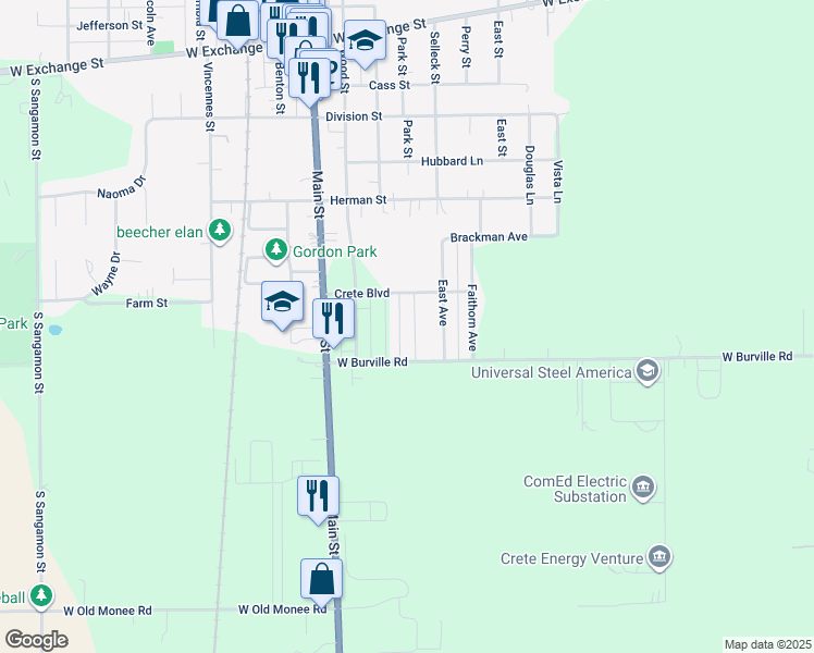 map of restaurants, bars, coffee shops, grocery stores, and more near 1601 Austin Avenue in Crete