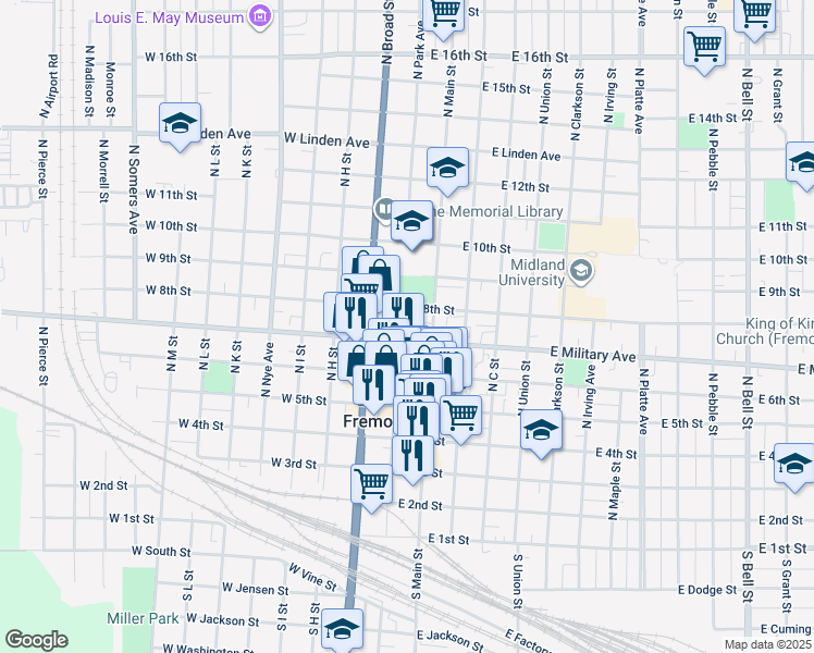 map of restaurants, bars, coffee shops, grocery stores, and more near 114 East Military Avenue in Fremont