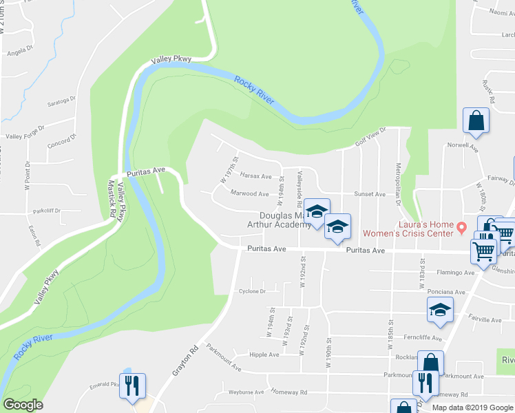 map of restaurants, bars, coffee shops, grocery stores, and more near 19422 Thornridge Ave in Cleveland