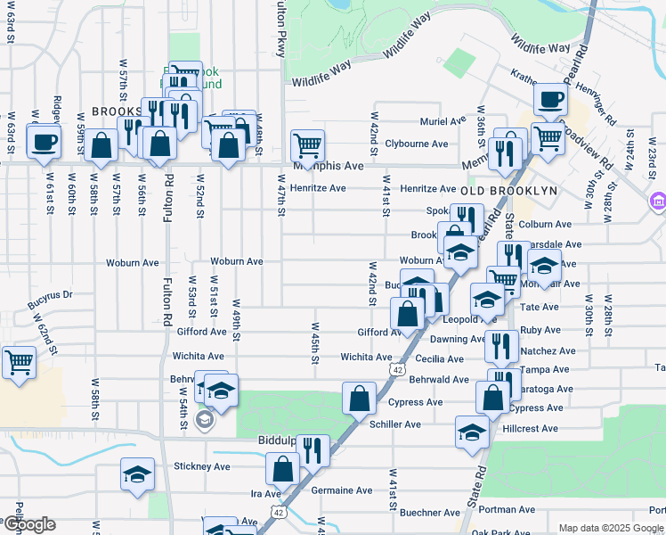 map of restaurants, bars, coffee shops, grocery stores, and more near 4403 Woburn Avenue in Cleveland