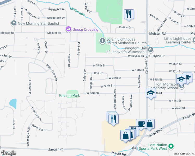 map of restaurants, bars, coffee shops, grocery stores, and more near 2726 West 38th Street in Lorain