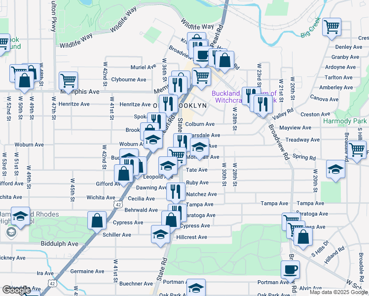 map of restaurants, bars, coffee shops, grocery stores, and more near 4341 State Road in Cleveland