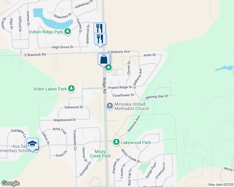 map of restaurants, bars, coffee shops, grocery stores, and more near 347 Coneflower Drive in Minooka