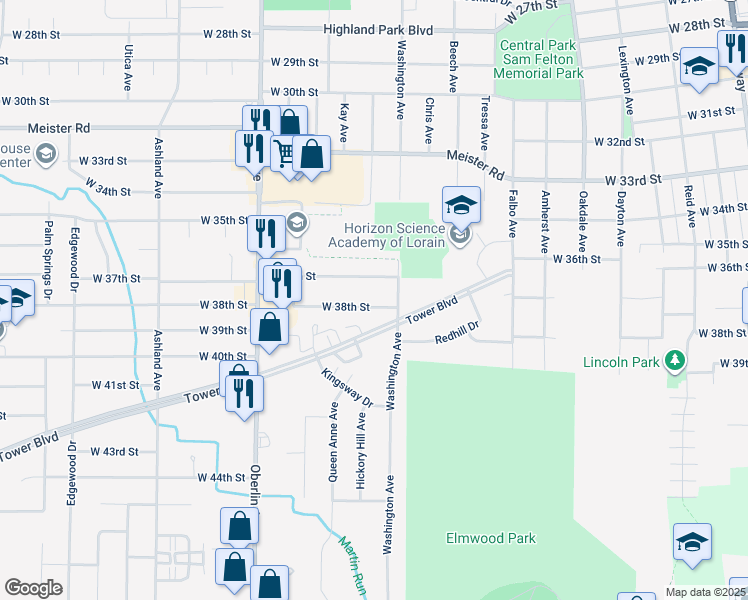 map of restaurants, bars, coffee shops, grocery stores, and more near 1018 West 38th Street in Lorain
