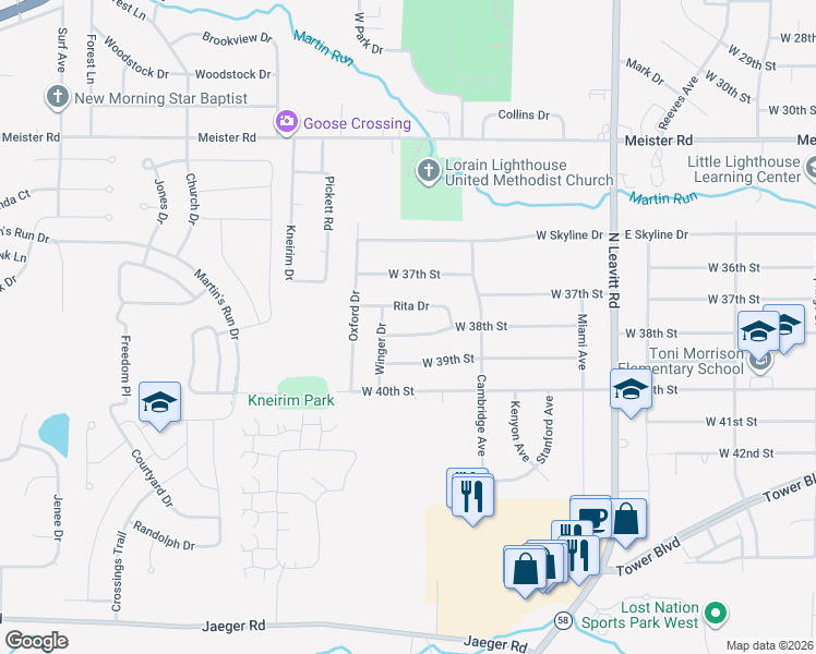map of restaurants, bars, coffee shops, grocery stores, and more near 2726 West 38th Street in Lorain