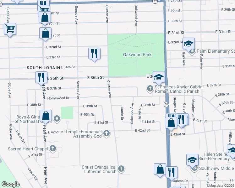 map of restaurants, bars, coffee shops, grocery stores, and more near 2019 Homewood Dr in Lorain