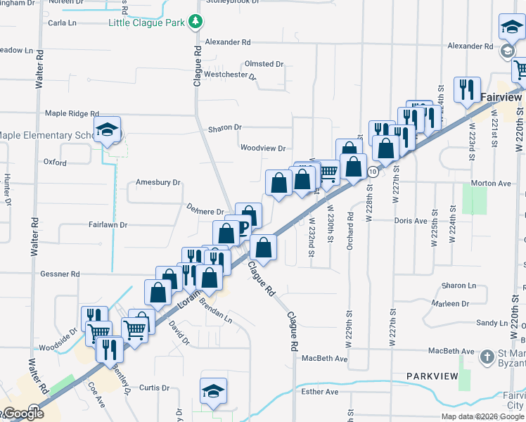 map of restaurants, bars, coffee shops, grocery stores, and more near 3675 Clague Road in North Olmsted