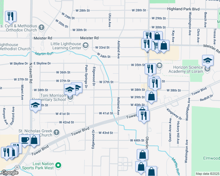 map of restaurants, bars, coffee shops, grocery stores, and more near 1425 West 38th Street in Lorain