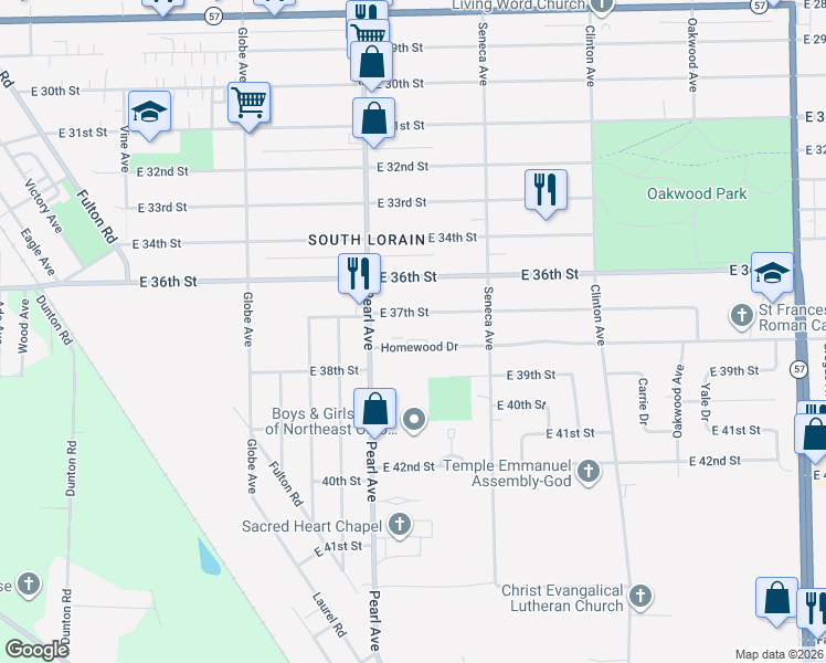 map of restaurants, bars, coffee shops, grocery stores, and more near 1825 Homewood Drive in Lorain