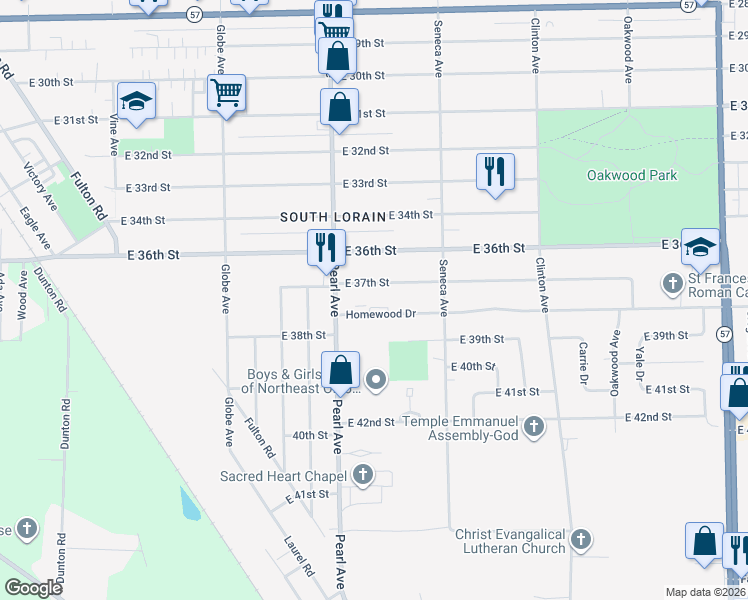 map of restaurants, bars, coffee shops, grocery stores, and more near 1825 Homewood Drive in Lorain