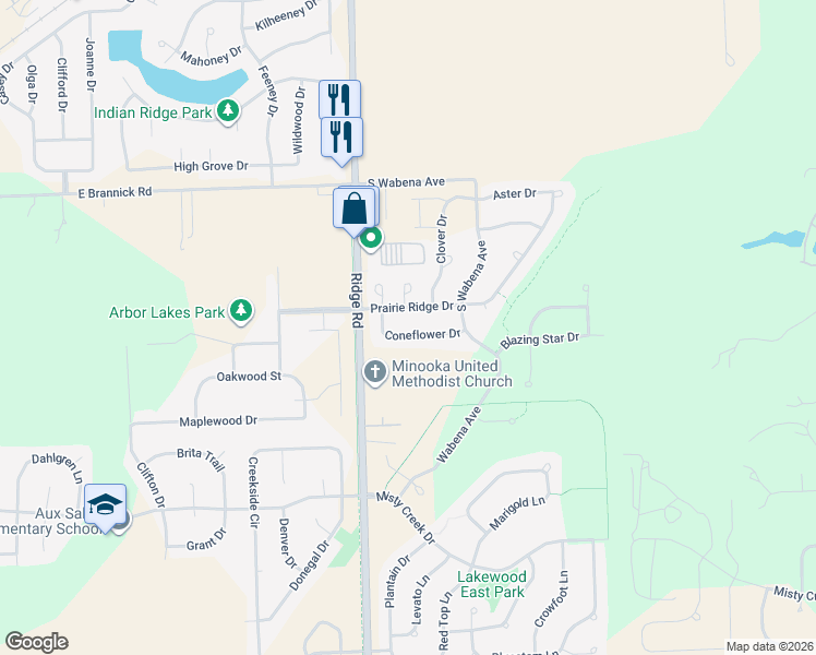 map of restaurants, bars, coffee shops, grocery stores, and more near 343 Coneflower Drive in Minooka