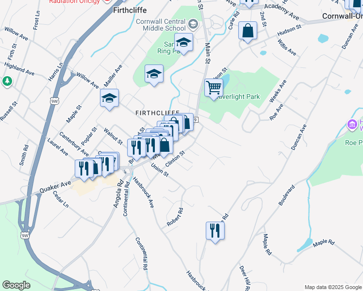 map of restaurants, bars, coffee shops, grocery stores, and more near 49 Clinton Street in Cornwall