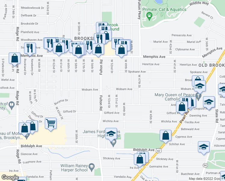 map of restaurants, bars, coffee shops, grocery stores, and more near 5115 Woburn Avenue in Cleveland