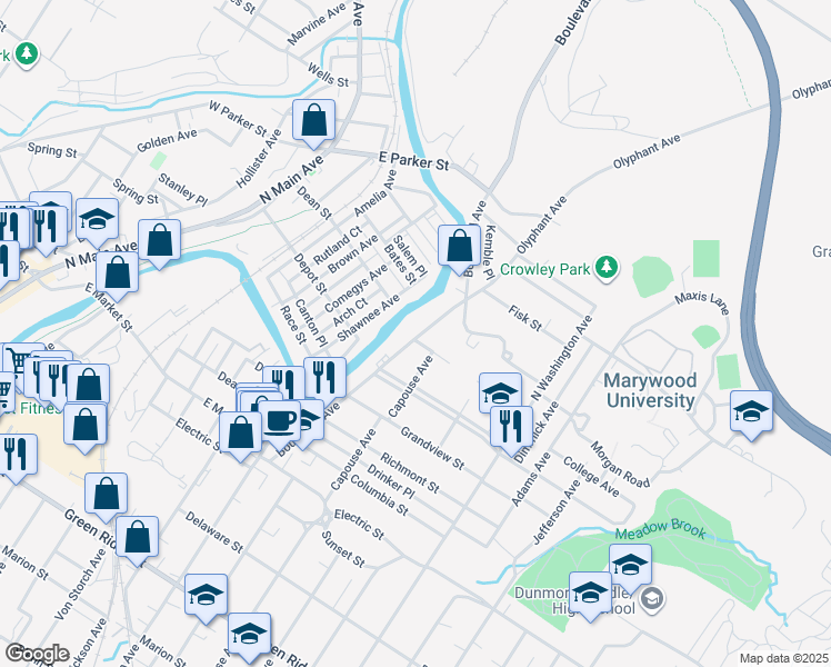 map of restaurants, bars, coffee shops, grocery stores, and more near 801 Park Street in Scranton