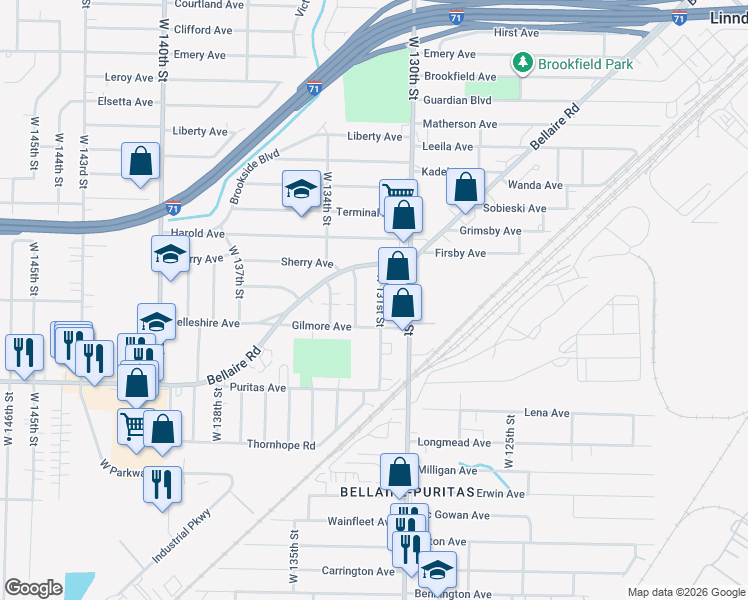 map of restaurants, bars, coffee shops, grocery stores, and more near 4346 West 131st Street in Cleveland