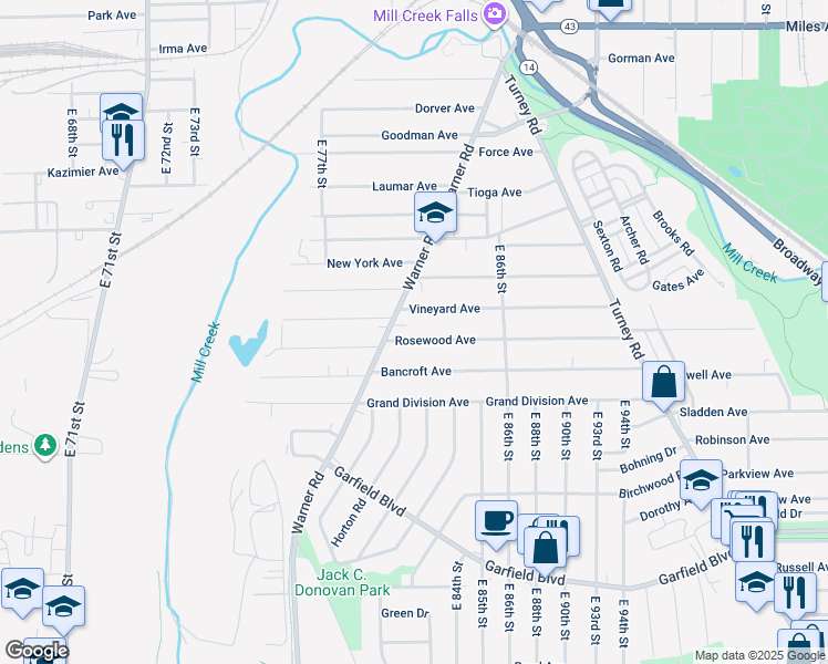 map of restaurants, bars, coffee shops, grocery stores, and more near 8205 Rosewood Ave in Cleveland